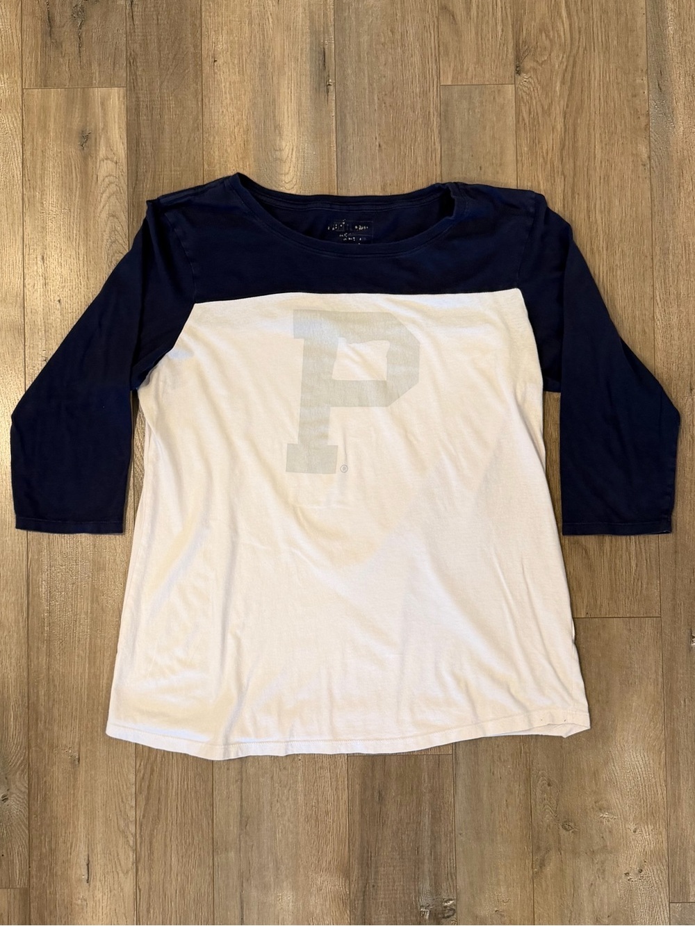 Navy and White Raglan Long Sleeve Tee with 'P' Graphic